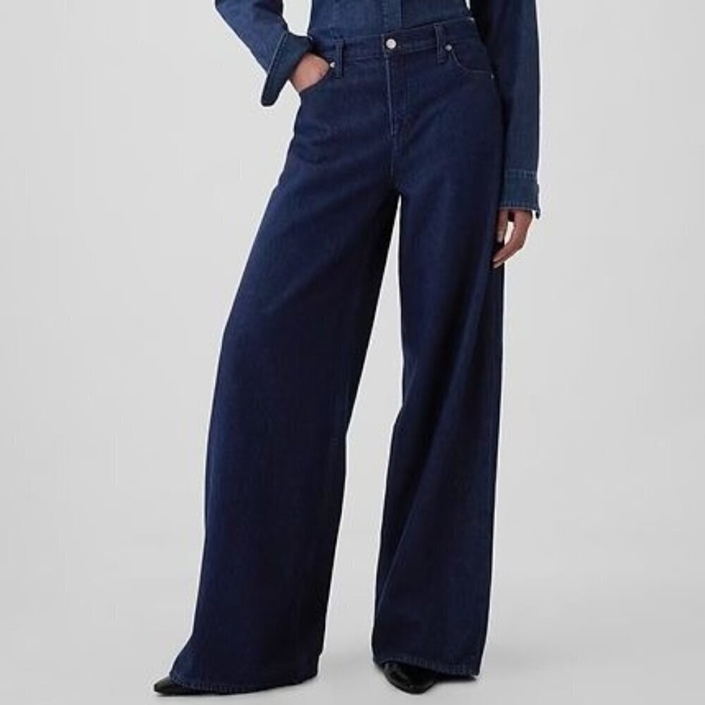 Gap Mid Rise UltraSoft Baggy Rinsed Dark Blue Denim Wide Leg Jeans Size 27‎ Long